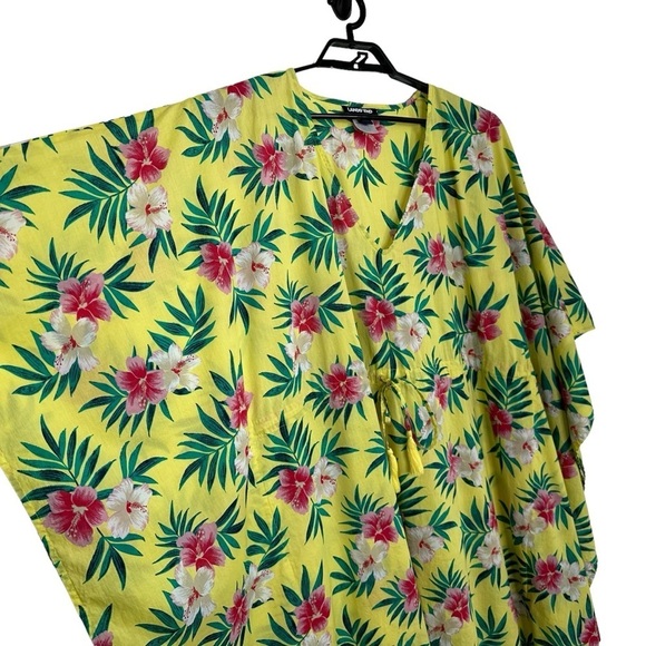LANDS’ END Tropical Floral Maxi Kaftan Swim Coverup Sz XL Yellow V Neck Cotton - Picture 5 of 9